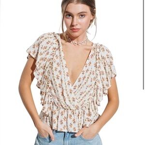 The Pink Box floral print ruffle trim surplice blouse